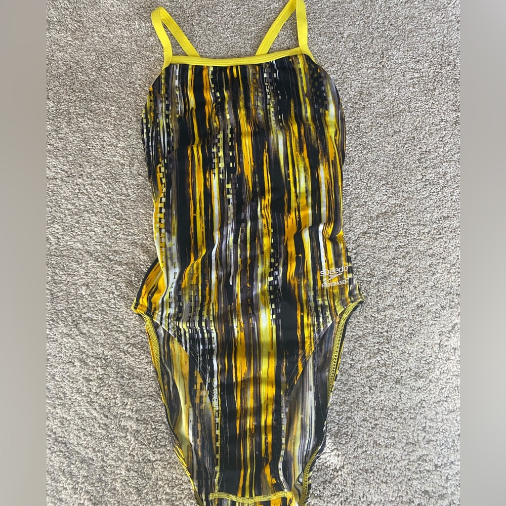 Speedo Women’s Openback One Piece Swimsuit Endurance+ High Leg Black and Yellow